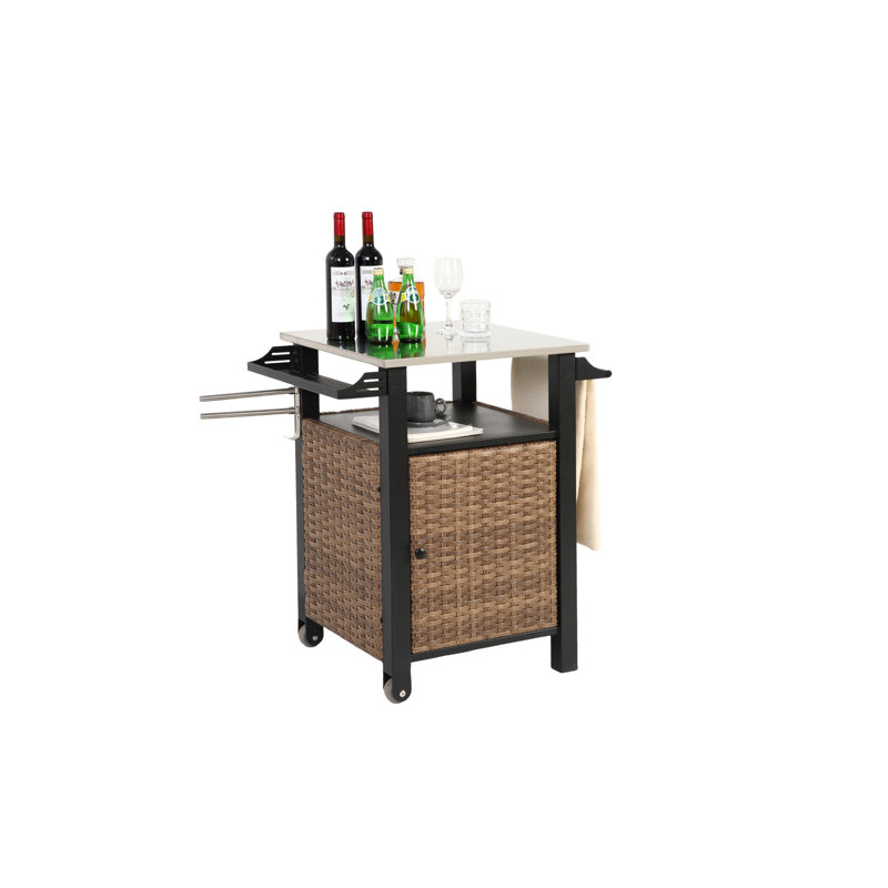 Chariot de rangement extérieur roulant: îlot avec plateau en acier inoxydable, plateau de table brun et armoire
