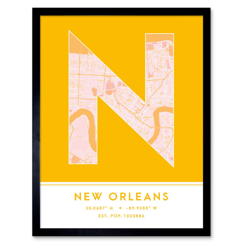 New Orleans City Map New Orleans Yellow - Single Picture Frame Typography