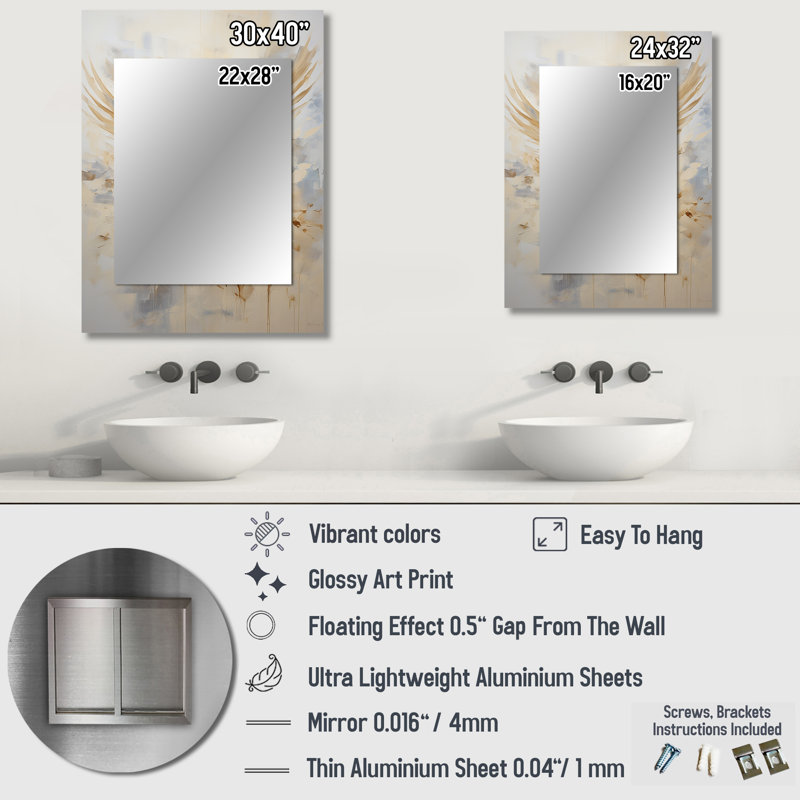 Minimalism Beige And Gold Dove I - Dove Unique Wall Mirror, Modern Mirror, Printed Metal Art, 32" x 24"