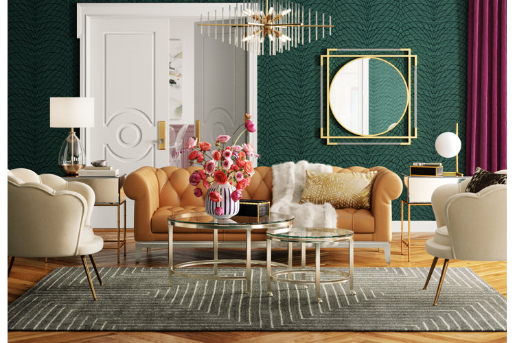 Living room with emerald green wallpaper, an orange leather sofa, and a dark gray rug.