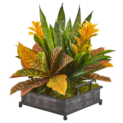 18'' Faux Bromeliad Plant in Metal Freestanding