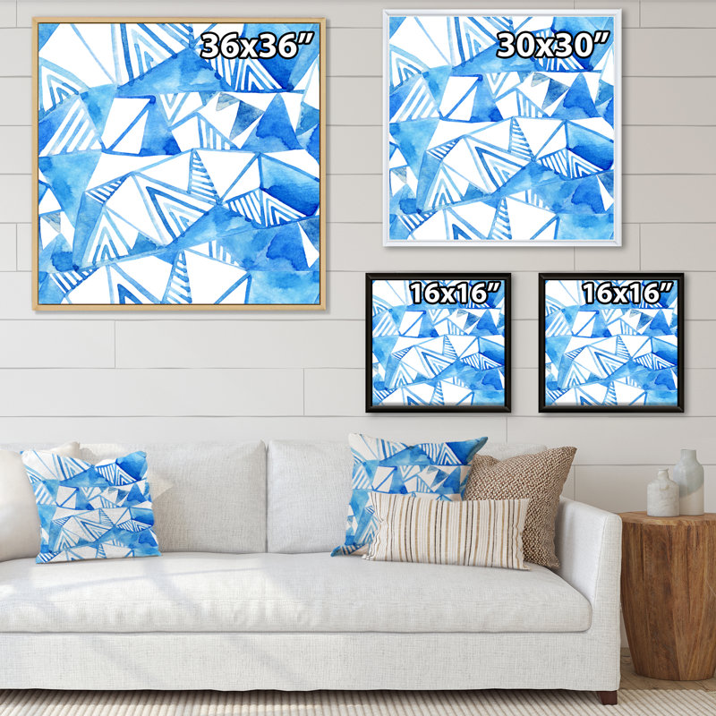 «Triangular Light Blue Geometrics On White II», reproduction d'art sur toile, Cadre flottant blanc