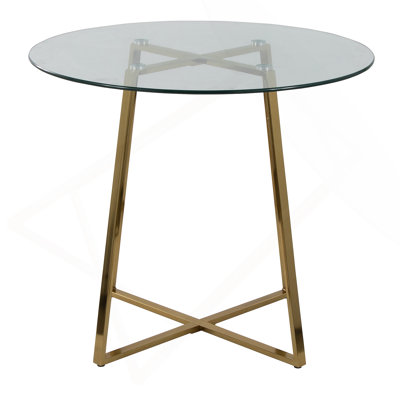 Dinette Table In Gold Metal And Clear Tempered Glass