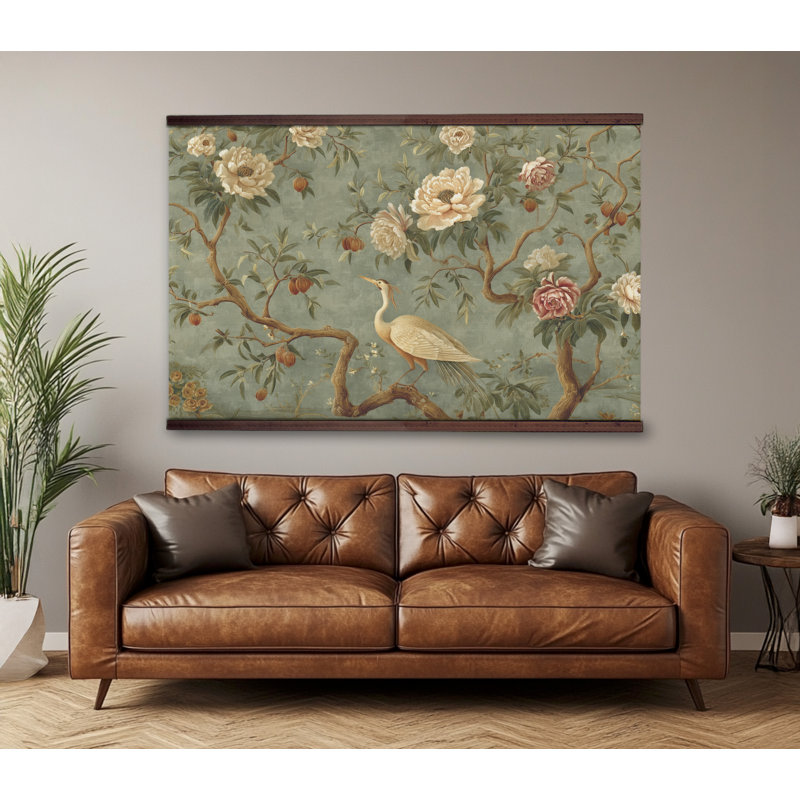 Vintage Chinoiserie Floral Tapestry Wall Art – Extra Large Ready-to-Hang Canvas with Wood Hanger Bars, 40" H x 60" W