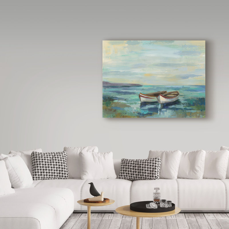 «Bateaux à la plage», reproduction de peinture acrylique sur toile tendue, H 14 po x l 19 po x P 2 po