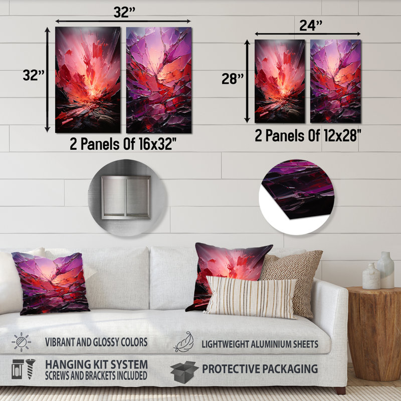 «Fractured Ruby Explosion - Abstract Shapes», ensemble de 2 reproductions d'art en métal, H 28 po x l 24 po