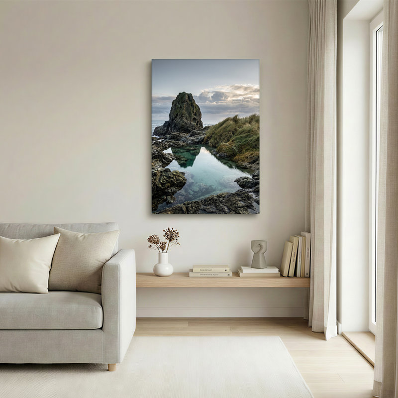 «Coastal Rock Stack Reflection In Calm Tide Pool», art mural, 18"H x 12"W