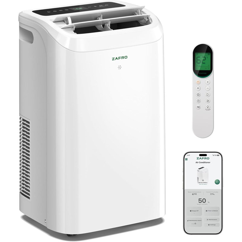 Climatiseur portable ZAFRO Smart, 12 000 BTU (8 000 BTU SACC), 46 dB silencieux, application WiFi et minuterie 24 heures
