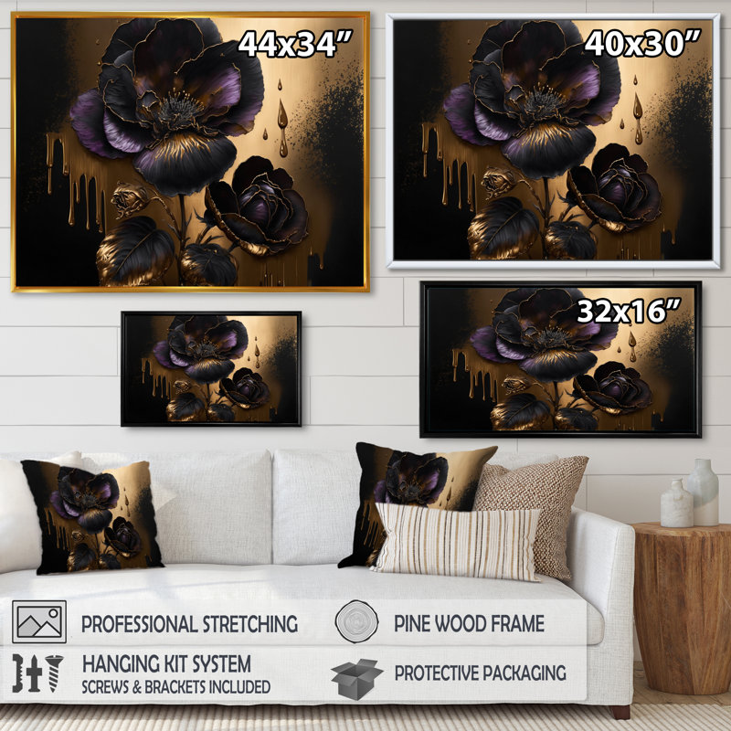 «Black and Gold Violets II» - art mural violet pour le salon, Cadre flottant noir, H 12 po x l 20 po x P 1 po