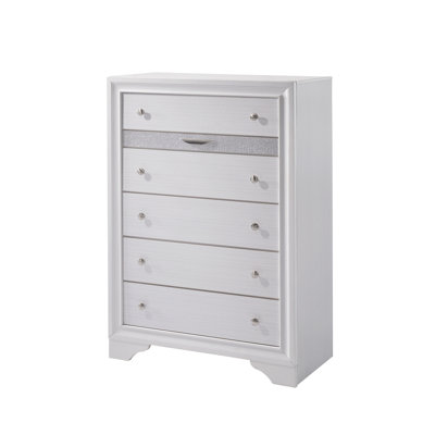 Commode haute 5 tiroirs 51 pouces en bois d'hévéa avec plateau à bijoux, noir