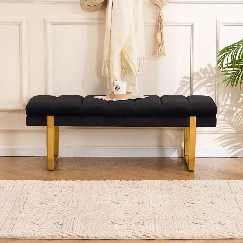 Laytona 46.5"W Tufted Bedroom Bench Entryway Bench with Metal Legs, Black, Gold