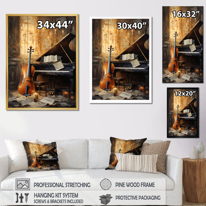 Violon rétro et piano Harmony I - musique grand art mural, Cadre photo noir, H 20 po x l 12 po x P 1 po