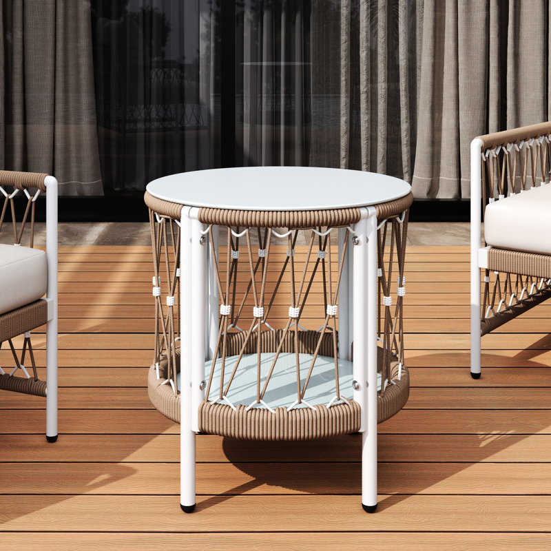 Table d'appoint de style bohémien d'inspiration bohémienne 16,87 po avec détails tissés à la main et bout de patio de style construction - corde en verre trempé relaxant