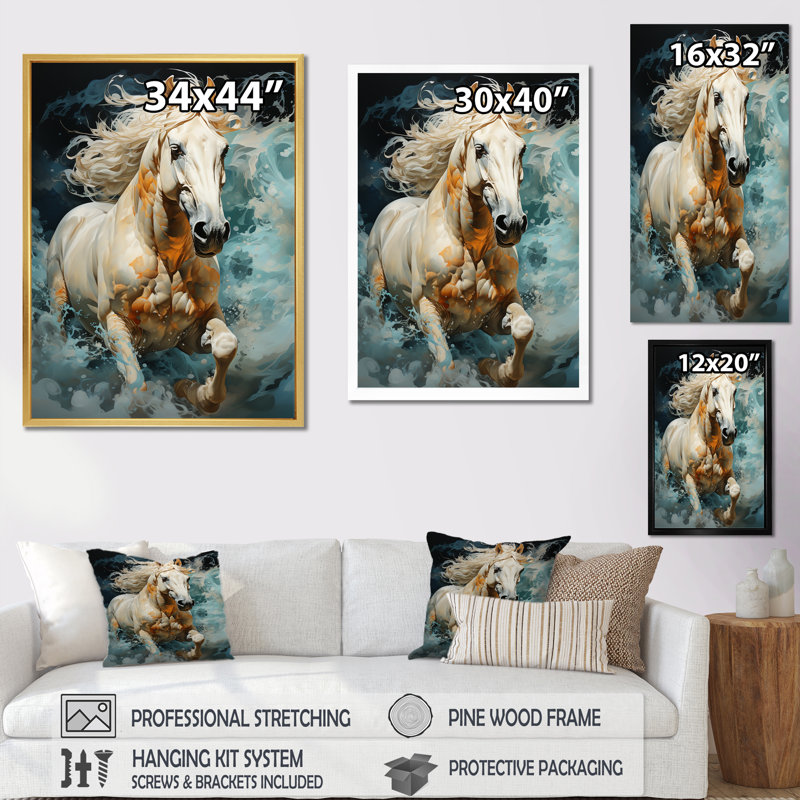 «Whimsical of a Horse Cantering in Fog», reproduction sur toile, H 32 po x l 16 po x P 1 po, Cadre photo noir