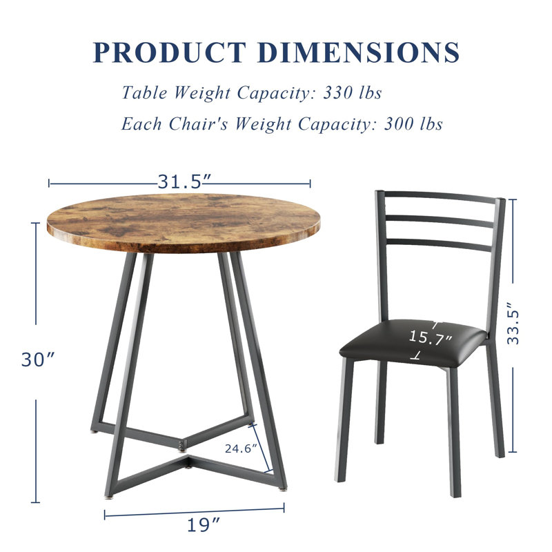 3-Piece Round Wood Dinette Set for 2 with Upholstered Chairs & Steel Frame, Black, Brown, Black