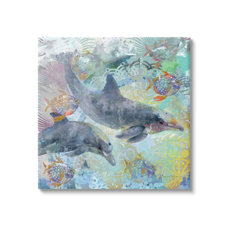 Dauphins et poissons, fractales aquatiques - impression, H 17 po x l 17 po x P 1,5 po, Toile tendue