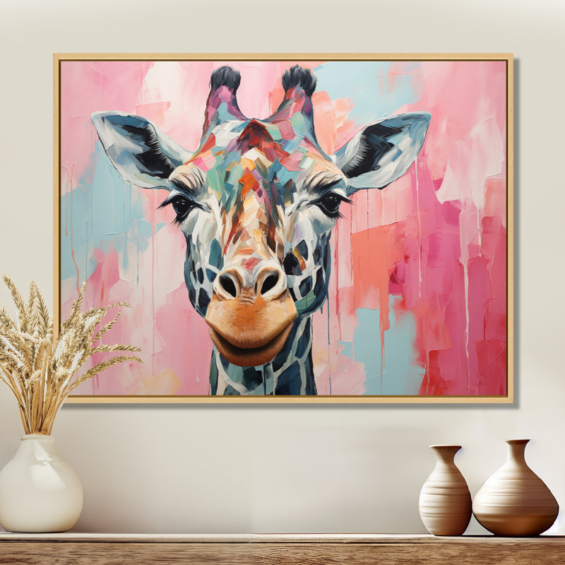 Portrait de girafe brune et rose - art mural girafe, Cadre flottant brun, H 12 po x l 20 po x P 1 po
