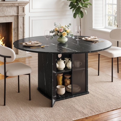 47.2" Round Dining Table With Fridge Space, Modern White Faux Marble Kitchen Tables, Wood Dining Room Table With Storage Shelf, Circle Dinner Tables For Home