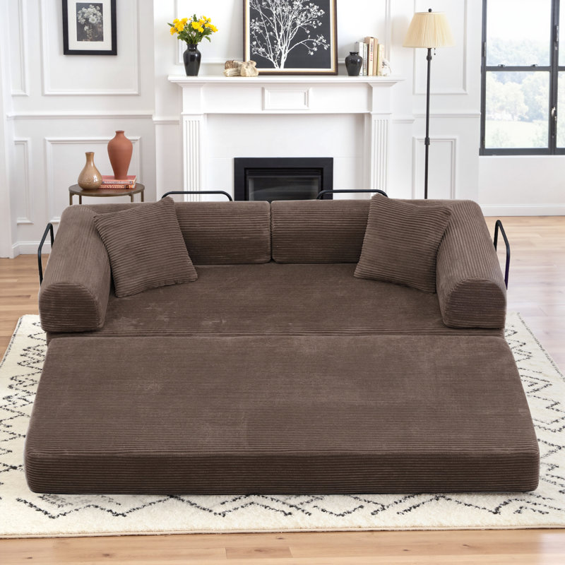 89" Over King-Size Futon Bed Corduroy Convertible Sleeper Sofa Floor Futon Couch With 2 Pillows - No Assembly Required, Brown