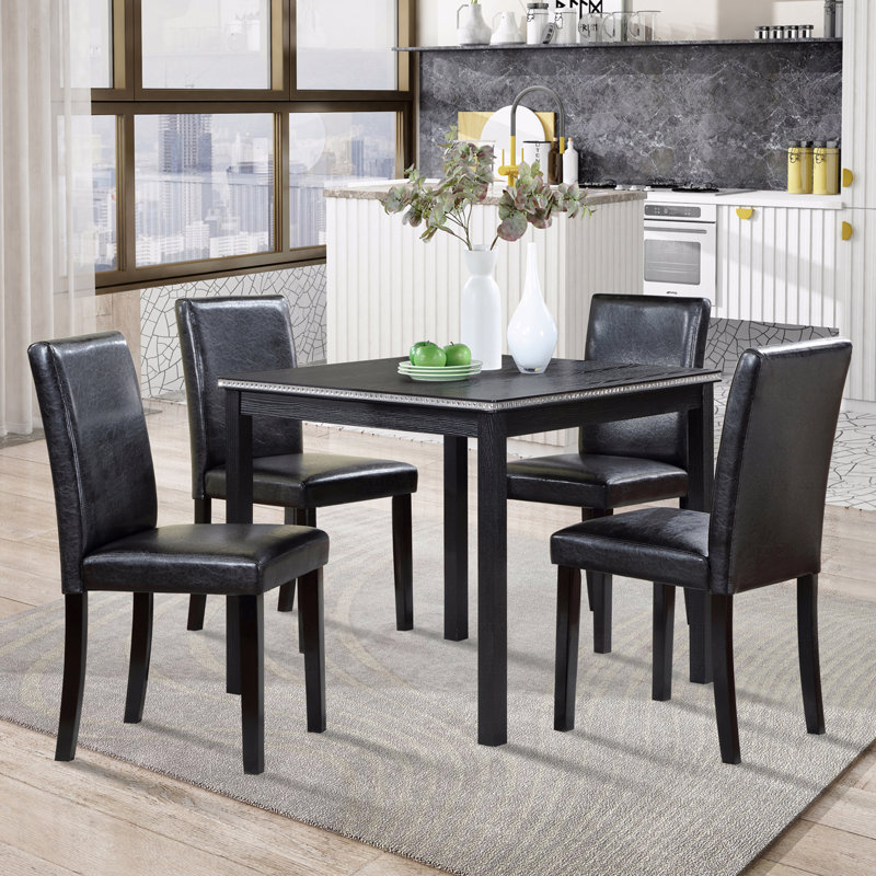 Ensemble de salle à manger en bois 5 pièces: table carrée et 4 chaises rembourrées, décoration en cristal, Noir, Noir