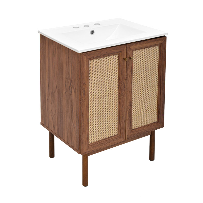 Meuble-lavabo autoportant de 24 po en chêne brun avec plateau central à 3 trous Classe, Blanc, Brun