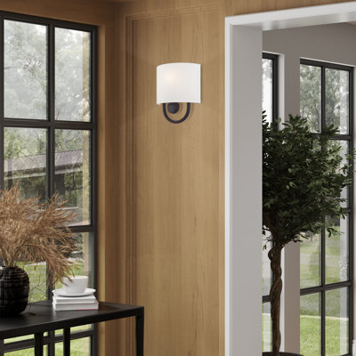 1 Light Brushed Nickel ADA Sconce With Hand Crafted Off-White Fabric Shade