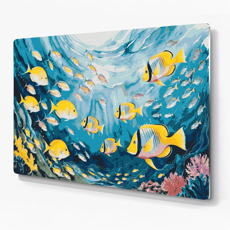 Art mural bleu hawaïen, groupes de poissons, H 11 po x l 14 po