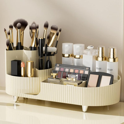 Organisateur de maquillage rotatif, présentoir à cosmétiques de grande capacité, facile à tenir tous vos produits de maquillage, au moins 20 pinceaux de maquillage / Eyeliner, 10 rouges à lèvres, 8 produits de soin de la peau (ivoire)