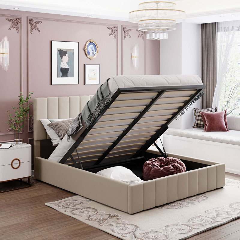 Lit plateforme tapissier avec système de rangement hydraulique, Grand, Beige