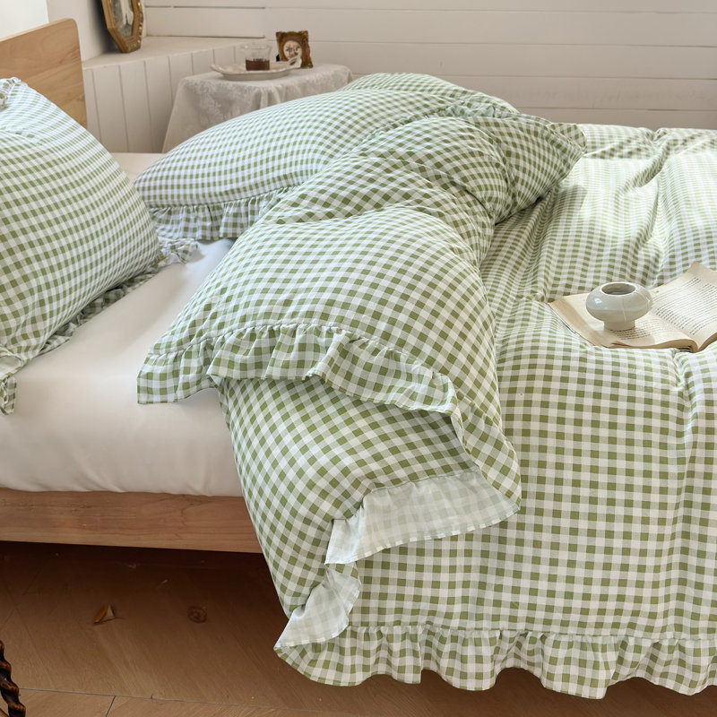 Ensemble de housse de couette à volants Gingham, ensemble de housse d'édredon à carreaux en microfibre prélavée, Grand lit