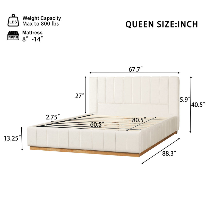 Lit à rayures moderne, minimaliste et élégant en tissu, beige, grand, Grand lit