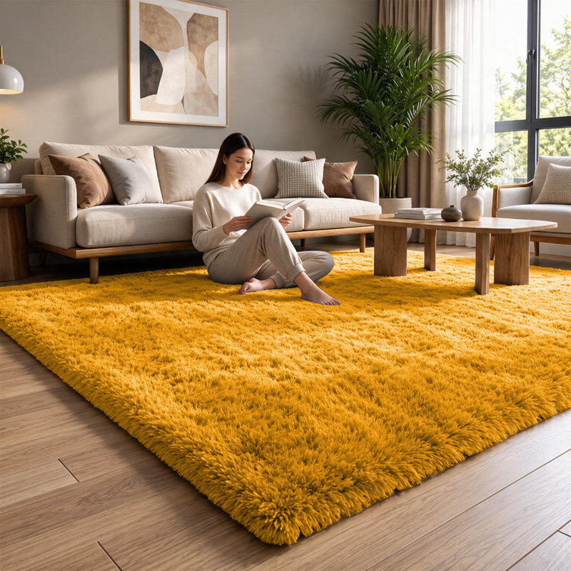 Machine Tufted High Pile Shag Area Rug(Ultra Soft & Fluffy), Ochre, Rectangle 120 x 170 cm