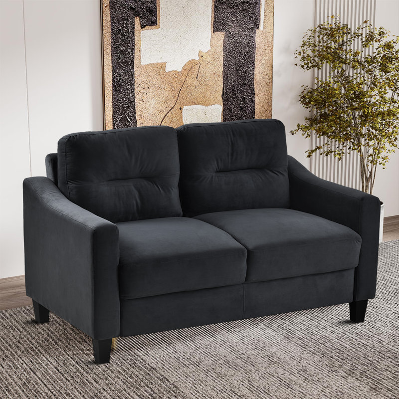 Alexie 54.33'' Velvet Square Arms Loveseat, Black Velvet