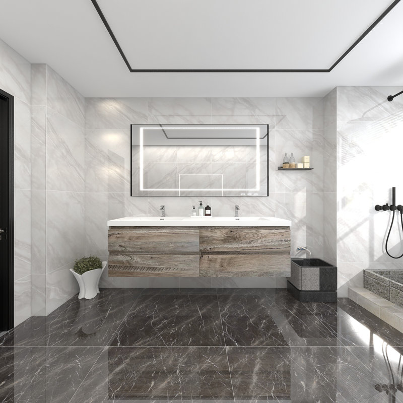 Damilola 72 " W Wall Mounted 2 Double Vanity Bathroom Vanity With Acrylic Top, Natural Wood