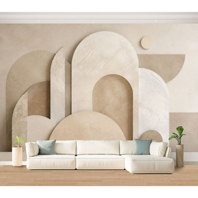 Wall Mural Peel and Stick Wallpaper Minimalist Beige Geometric Abstract Curved Shapes Marble Self-Adhesive Removable Contact Paper Wall Decor for Living Room Bedroom 100"H x 144"W