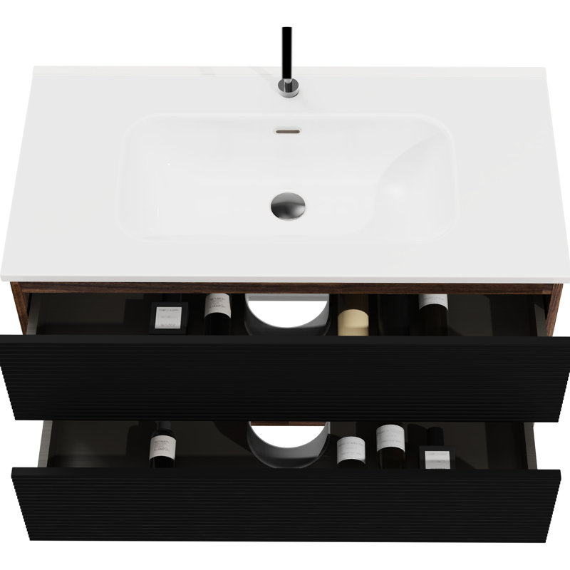 Meuble-lavabo moderne de 36 po noir et noyer doux, lavabo intégré, flottant pour salle de bain, agencement de couleurs Kd, tiroirs fermés, poignée élégante, meuble-lavabo de rangement amélioré en noyer, design,