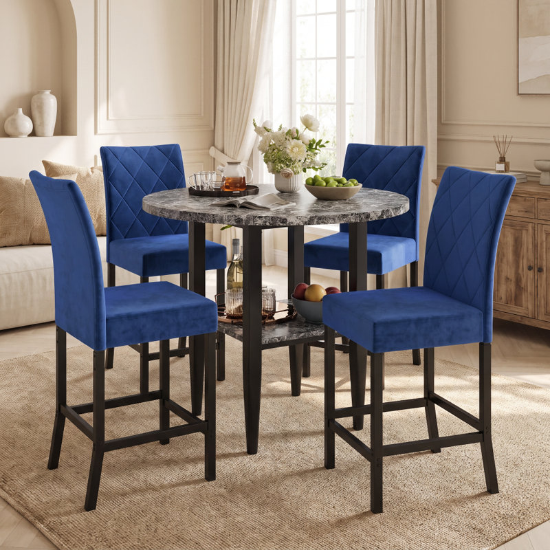 5 Pieces 35.4" Modern Style Round Faux Marble Counter Height Dining Table Set, Extendable Folding Kitchen Dining Table Set For 4 With 4 Velvet Upholstered Dining Chairs