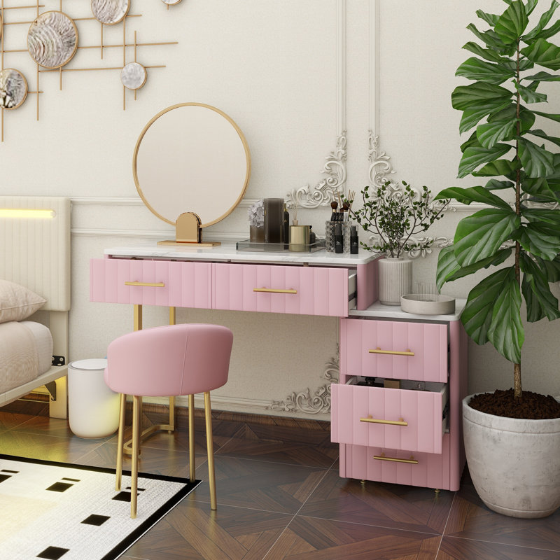 Velvet Upholstered Vanity Desk With Chair, Vanity Set With 5 Big Drawers, Makeup Table With Padded Chair, Marble-Look Sticker Top Dressing Table With Left/Right Adjustable Storage, White