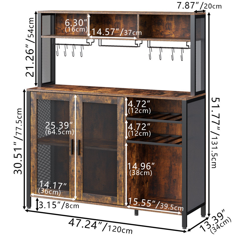 Rustic Brown Industrial Wine Bar Cabinet with LED Lights and Storage
