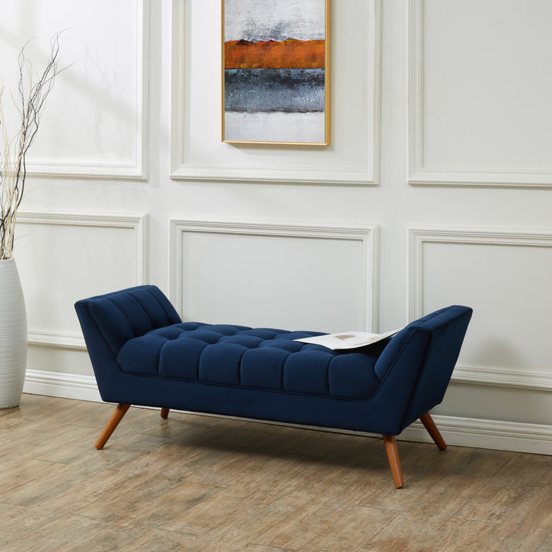 Banc rembourré Almina, Velours bleu marine / brun foncé