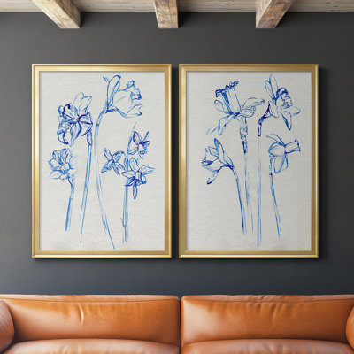 Inky Daffodils I - ensemble de 2 reproductions d'art sur toile encadrées