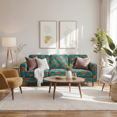 86.6'' Upholstered Velvet Sofa 3 Seater Couch, Loveseat Sofa with Square Arm and 4 Throw Pillow, Bohemian  3-seats Sofa with Solid Wood Legs and Removable Washable Covers, Blue Floral Finish