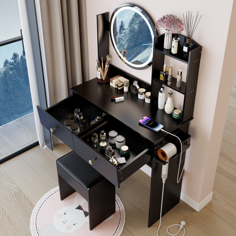 LED Vanity Table Set / Cushioned Stool Round Touch Mirror,Power Outlets & Multi-Layer Storage, Black