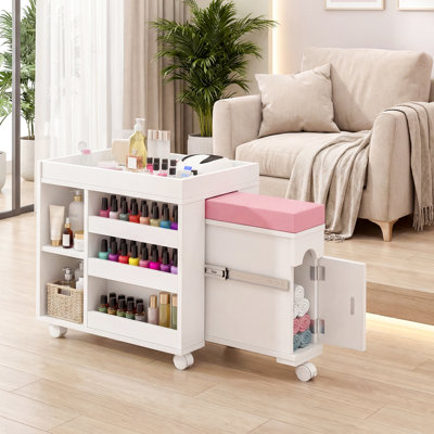 Extendable Pedicure Foot Rest with PU Cushion, 21.6″ Mobile Footbath Stool with Locking Casters and Storage, Space-Saving Pedicure Trolley for Salon, Nail Tech, Spa