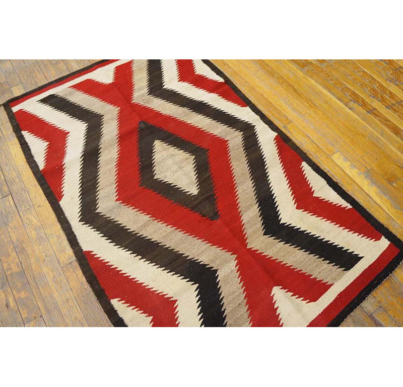 Great Tan White and Red Color with Rhombus Desing Antique American Navajo Rug