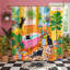 Mignon chat, rideau de douche à motif d'illustrations de dopamine, décor de salle de bain à motif de plantes tropicales noires et mates, 72 po x 72 po
