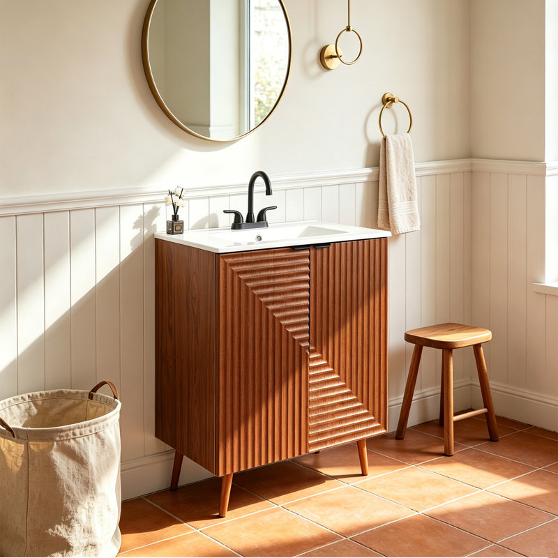 Meuble-lavabo simple 30 po en bois cannelé avec comptoir en céramique et armoire de rangement à fermeture en douceur