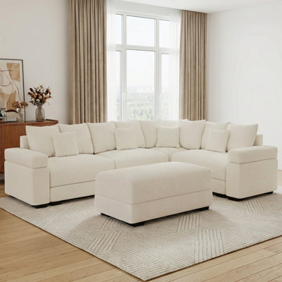 5-Piece 117" Wide Modular Sectional Sofa Oversized Corduroy Deep Seat Cloud Corner Couch With 46" W Movable Ottoman & Pillows