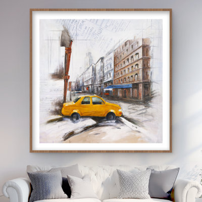 Taxi in the Street Sketch | Framed Matted Print for Decor