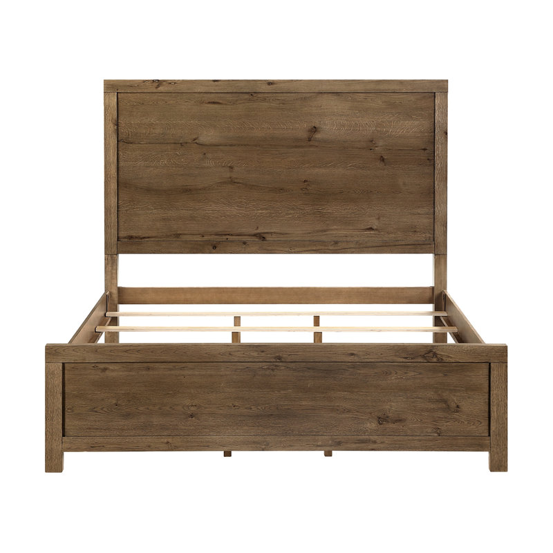 Lit rustique au fini brun avec charge USB et tête de lit en bois, Grand lit